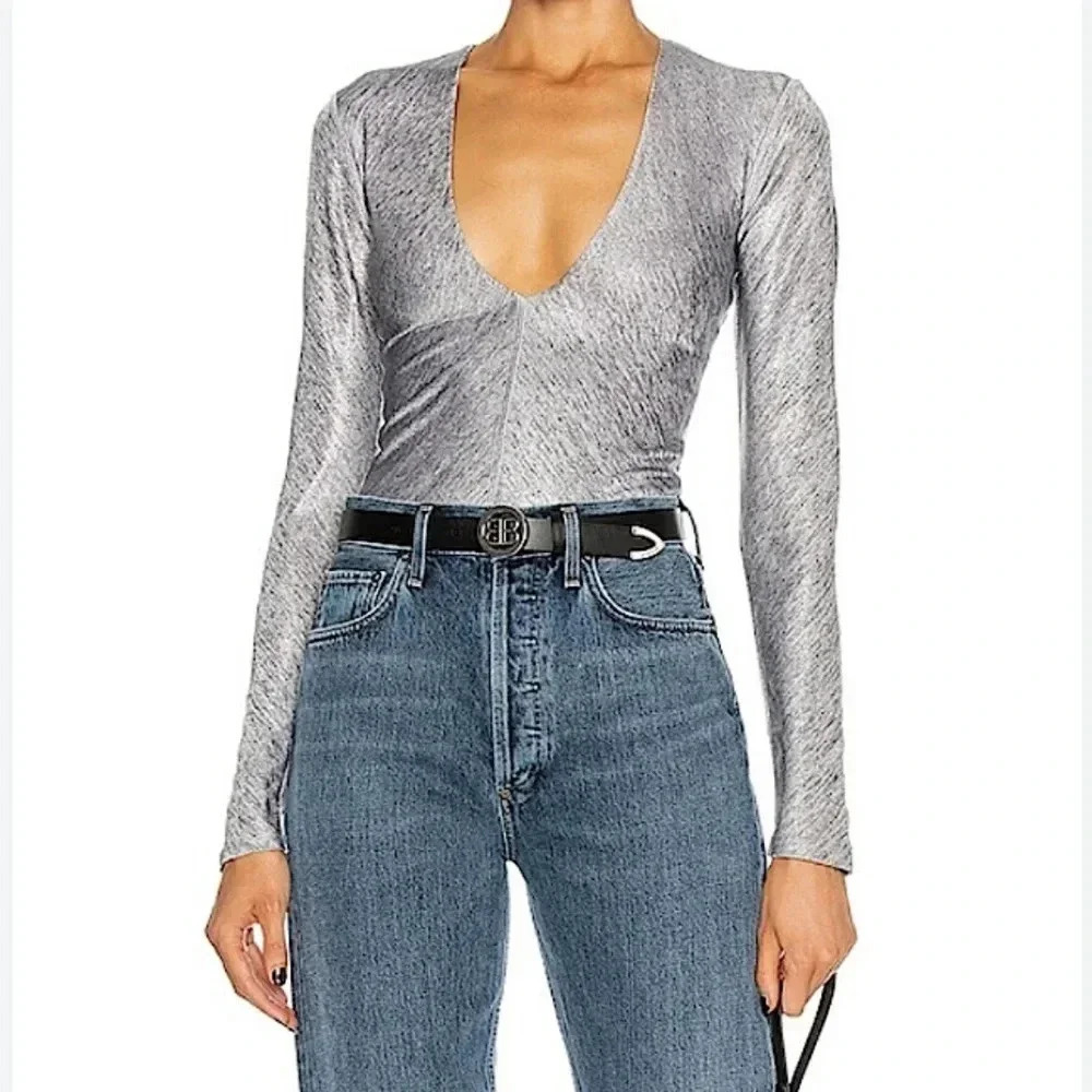 ALIX NYC REVOLVE Silver Metallic Deep V Irving Bodysuit Top Small Sexy Party